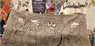 A hand-woven rug depicting a jazz band made of skeletons